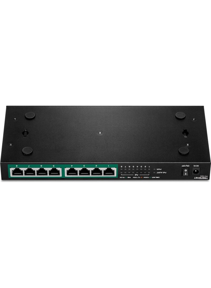 تريندنت مفتاح TRENDnet جيجابت PoE+ بثمانية منافذ، استهلاك طاقة PoE 65 واط، سعة تحويل 16 جيجابت في الثانية، جودة خدمة IEEE 802.1p، دعم تمرير DSCP، بدون مروحة، قابل للتركيب على الحائط، حماية مدى الحياة، أسود، TPE-TG83 - Image 2